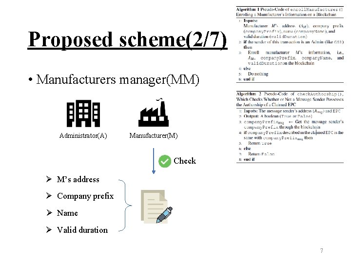 Proposed scheme(2/7) • Manufacturers manager(MM) Administrator(A) Manufacturer(M) Check Ø M’s address Ø Company prefix