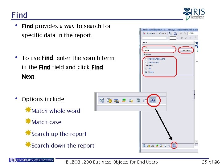 Find • Find provides a way to search for specific data in the report.