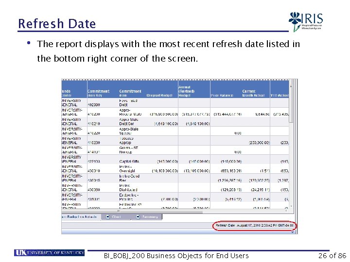 Refresh Date • The report displays with the most recent refresh date listed in