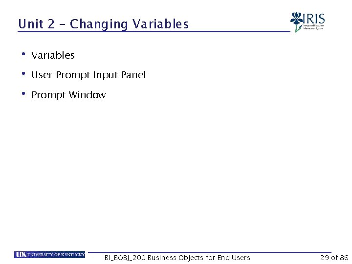 Unit 2 – Changing Variables • Variables • User Prompt Input Panel • Prompt