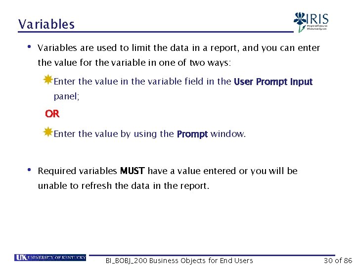 Variables • Variables are used to limit the data in a report, and you