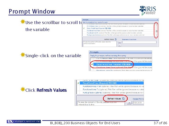 Prompt Window Use the scrollbar to scroll to the variable Single-click on the variable