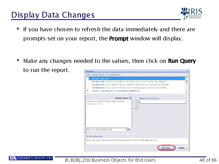 Display Data Changes • If you have chosen to refresh the data immediately and