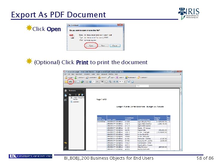 Export As PDF Document Click Open (Optional) Click Print to print the document BI_BOBJ_200