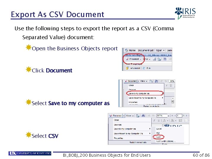 Export As CSV Document Use the following steps to export the report as a