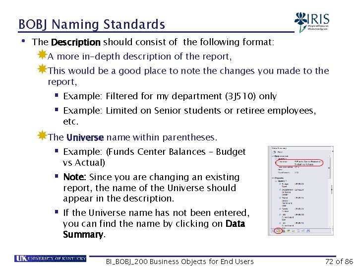 BOBJ Naming Standards • The Description should consist of the following format: A more