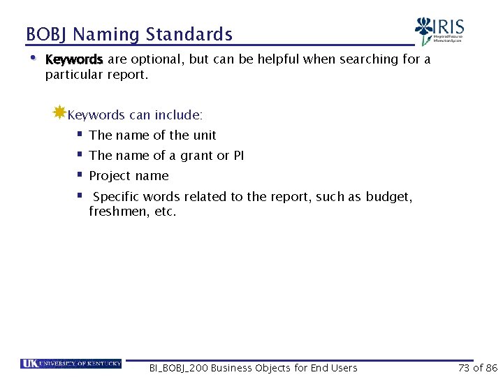 BOBJ Naming Standards • Keywords are optional, but can be helpful when searching for