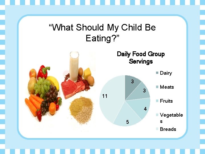 “What Should My Child Be Eating? ” Daily Food Group Servings Dairy 3 3