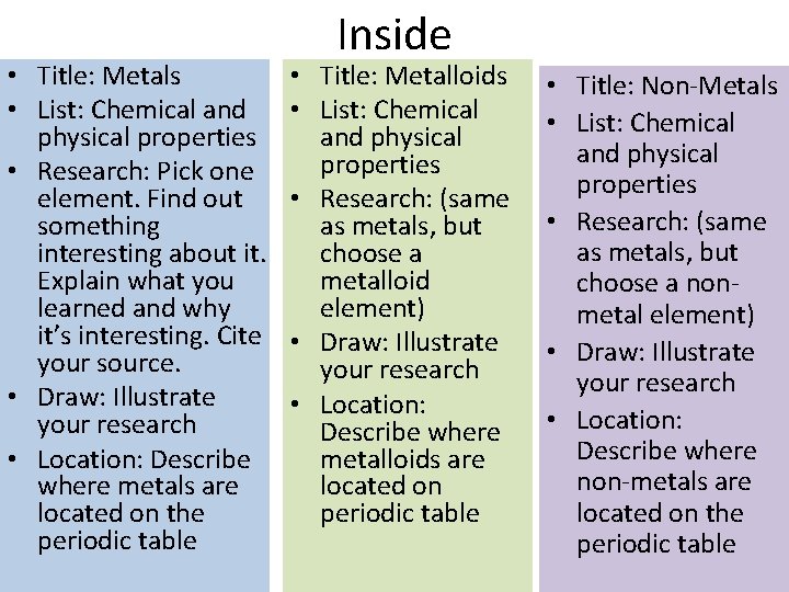 • Title: Metals • List: Chemical and physical properties • Research: Pick one • Title: Metals • List: Chemical and physical properties • Research: Pick one