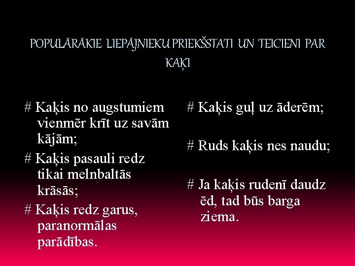 POPULĀRĀKIE LIEPĀJNIEKU PRIEKŠSTATI UN TEICIENI PAR KAĶI # Kaķis no augstumiem vienmēr krīt uz