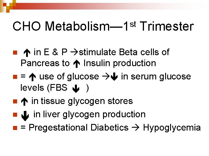 CHO Metabolism— 1 st Trimester in E & P stimulate Beta cells of Pancreas