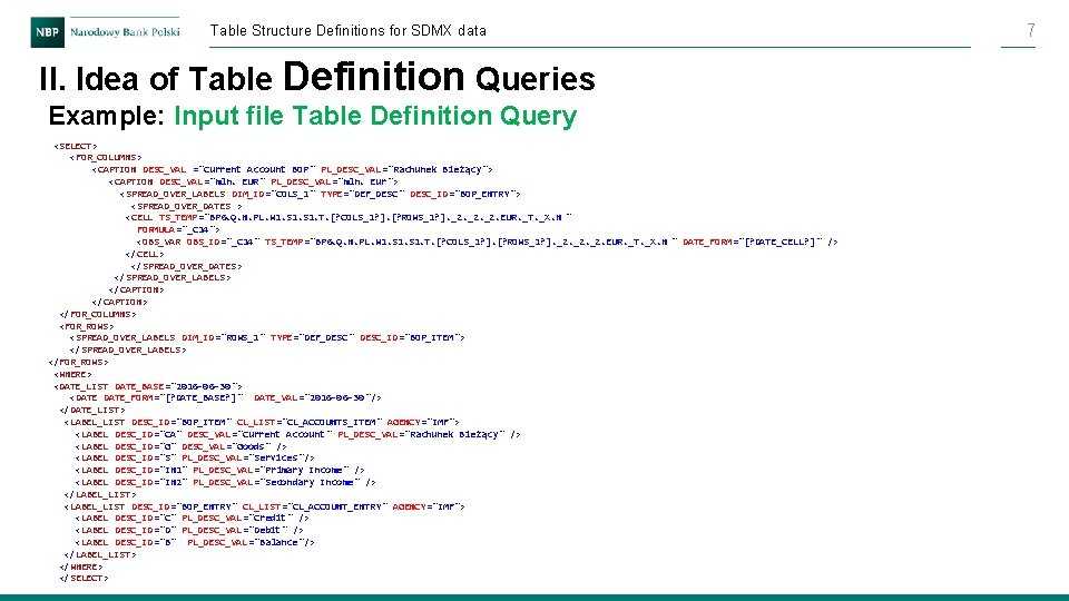 Table Structure Definitions for SDMX data II. Idea of Table Definition Queries Example: Input Table Structure Definitions for SDMX data II. Idea of Table Definition Queries Example: Input