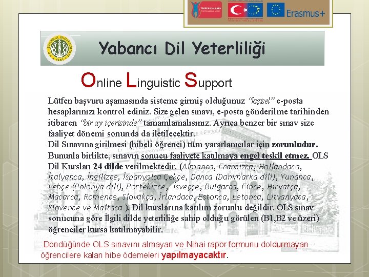 Yabancı Dil Yeterliliği Online Linguistic Support Lütfen başvuru aşamasında sisteme girmiş olduğunuz “kişisel” e-posta