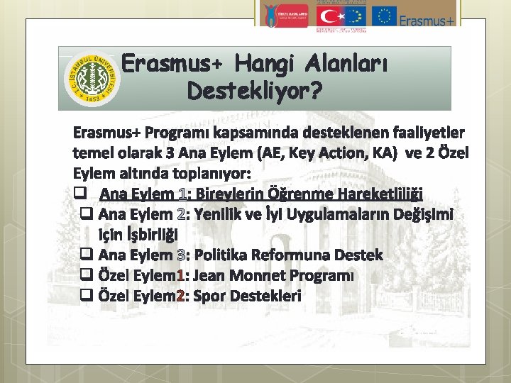 Erasmus+ Hangi Alanları Destekliyor? Erasmus+ Programı kapsamında desteklenen faaliyetler temel olarak 3 Ana Eylem