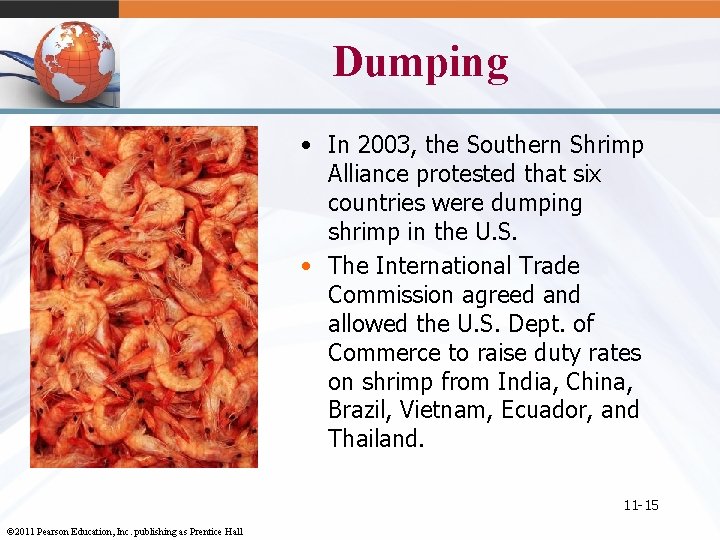 Dumping • In 2003, the Southern Shrimp Alliance protested that six countries were dumping