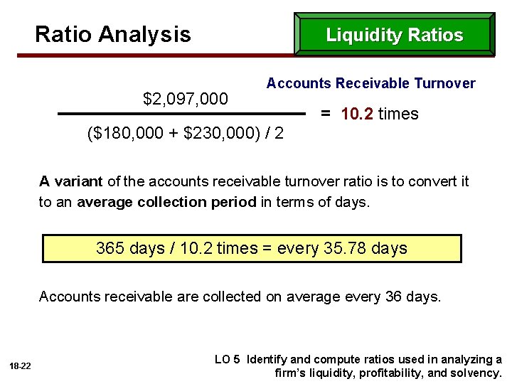 Ratio Analysis Liquidity Ratios $2, 097, 000 Accounts Receivable Turnover = 10. 2 times