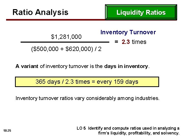 Ratio Analysis Liquidity Ratios $1, 281, 000 Inventory Turnover = 2. 3 times ($500,
