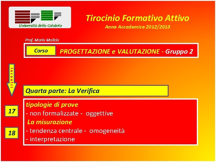 Università della Calabria Tirocinio Formativo Attivo Anno Accademico 2012/2013 Prof. Mario Malizia Corso Incontri