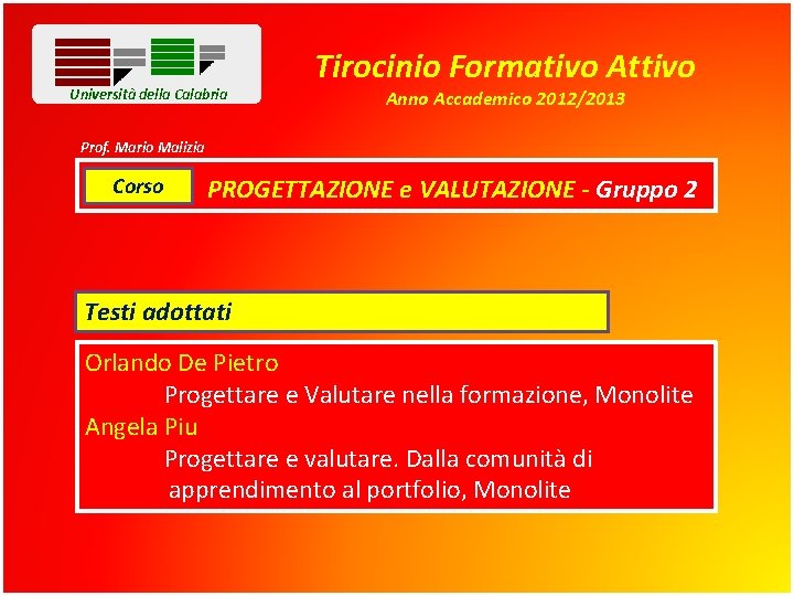 Università della Calabria Tirocinio Formativo Attivo Anno Accademico 2012/2013 Prof. Mario Malizia Corso PROGETTAZIONE