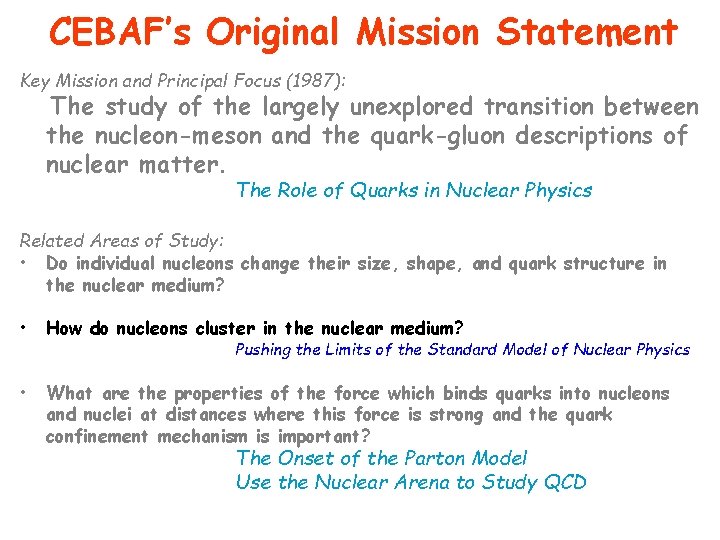 CEBAF’s Original Mission Statement Key Mission and Principal Focus (1987): The study of the