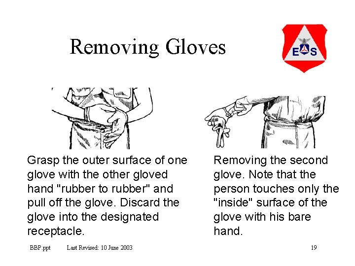 Removing Gloves Grasp the outer surface of one glove with the other gloved hand
