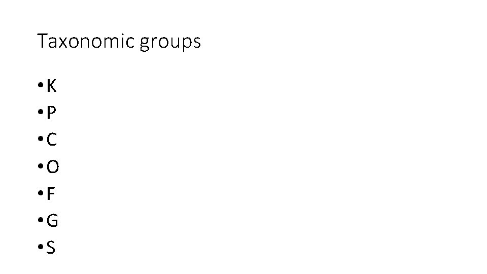 Taxonomic groups • K • P • C • O • F • G