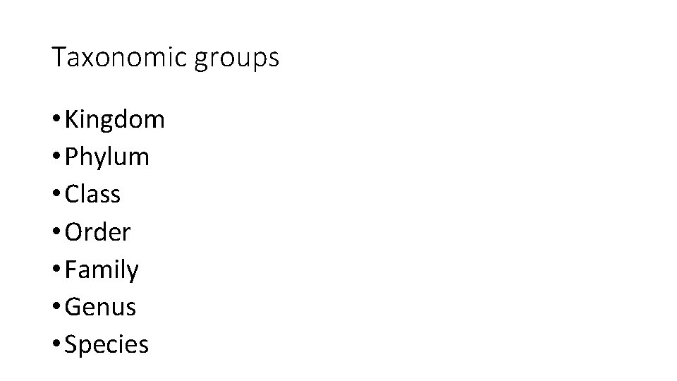 Taxonomic groups • Kingdom • Phylum • Class • Order • Family • Genus