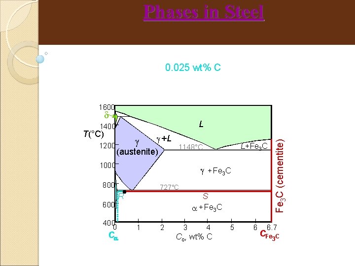Phases in Steel 0. 025 wt% C 1600 T(°C) 1200 +L (austenite) + Fe