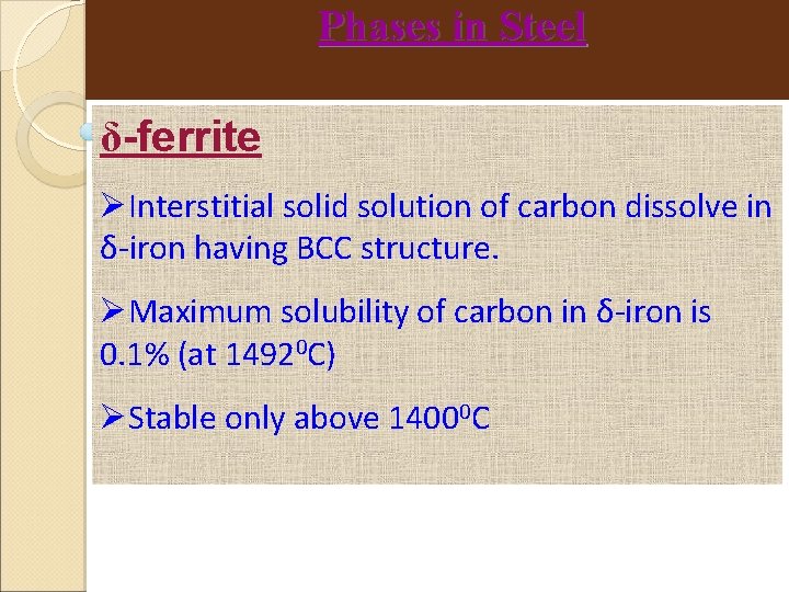 Phases in Steel δ-ferrite Interstitial solid solution of carbon dissolve in δ-iron having BCC