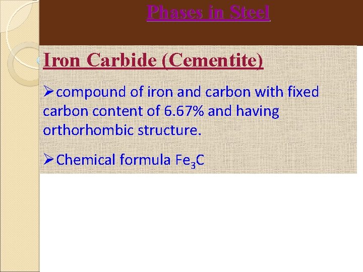 Phases in Steel Iron Carbide (Cementite) compound of iron and carbon with fixed carbon