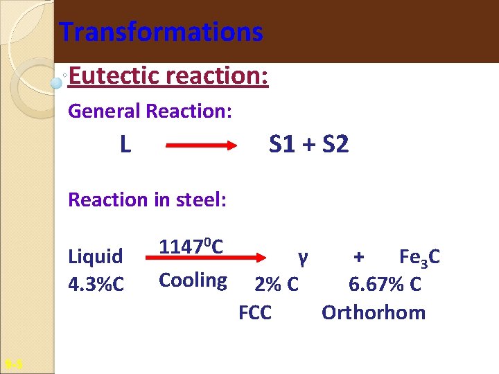 Transformations Eutectic reaction: General Reaction: L S 1 + S 2 Reaction in steel: