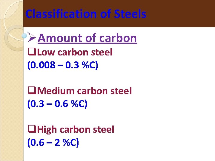 Classification of Steels Amount of carbon Low carbon steel (0. 008 – 0. 3