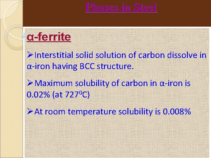 Phases in Steel α-ferrite Interstitial solid solution of carbon dissolve in α-iron having BCC