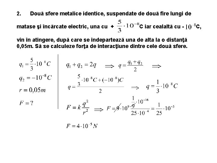 2. Două sfere metalice identice, suspendate de două fire lungi de matase şi încărcate