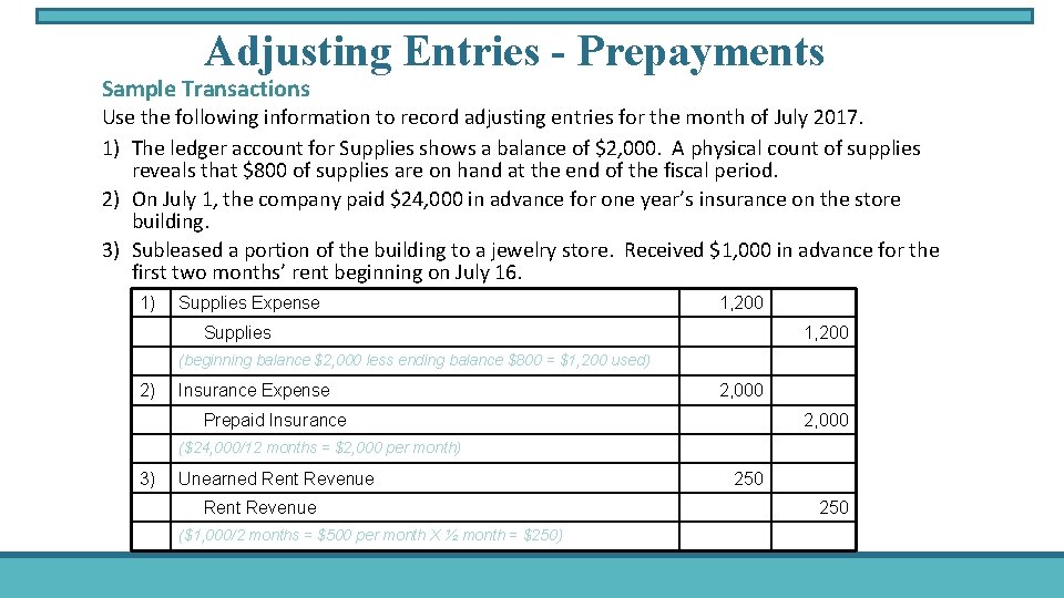 Adjusting Entries - Prepayments Sample Transactions Use the following information to record adjusting entries