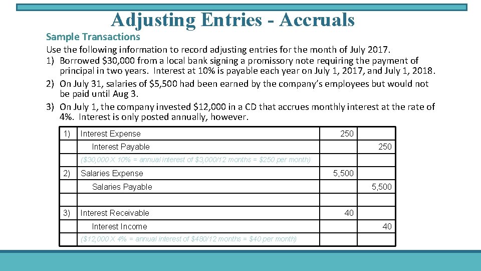 Adjusting Entries - Accruals Sample Transactions Use the following information to record adjusting entries