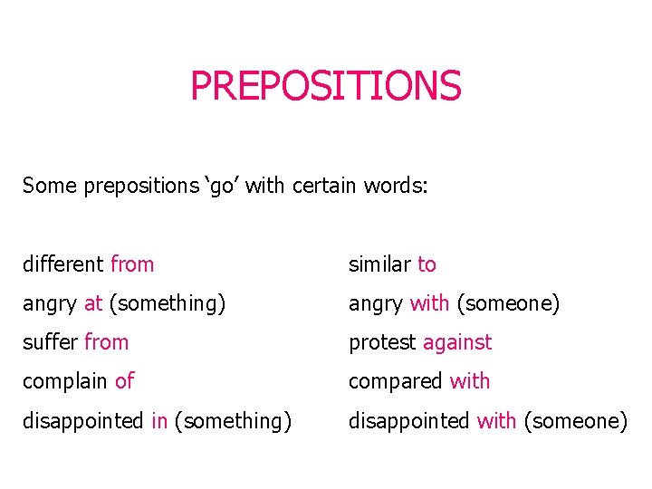 PREPOSITIONS Some prepositions ‘go’ with certain words: different from similar to angry at (something)