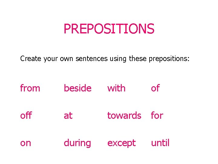 PREPOSITIONS Create your own sentences using these prepositions: from beside with of off at PREPOSITIONS Create your own sentences using these prepositions: from beside with of off at