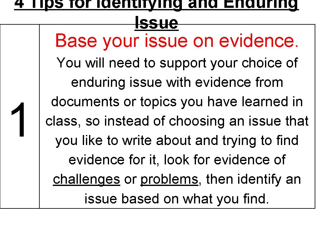 4 Tips for Identifying and Enduring Issue Base your issue on evidence. 1 You 4 Tips for Identifying and Enduring Issue Base your issue on evidence. 1 You