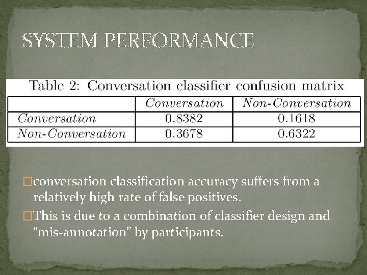 SYSTEM PERFORMANCE �conversation classification accuracy suffers from a relatively high rate of false positives.
