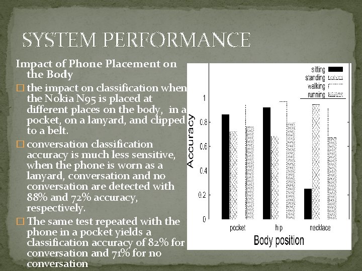 SYSTEM PERFORMANCE Impact of Phone Placement on the Body � the impact on classification