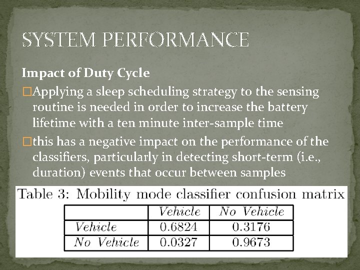 SYSTEM PERFORMANCE Impact of Duty Cycle �Applying a sleep scheduling strategy to the sensing