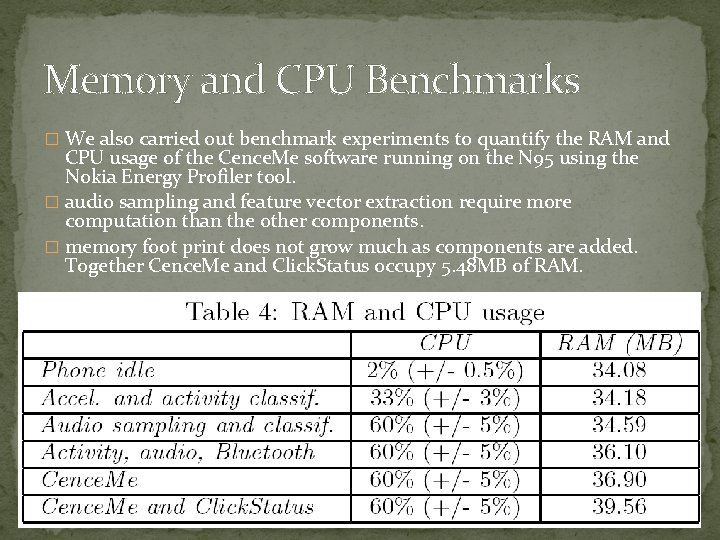 Memory and CPU Benchmarks � We also carried out benchmark experiments to quantify the