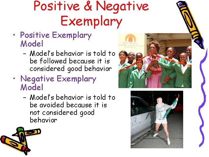 Positive & Negative Exemplary • Positive Exemplary Model – Model’s behavior is told to