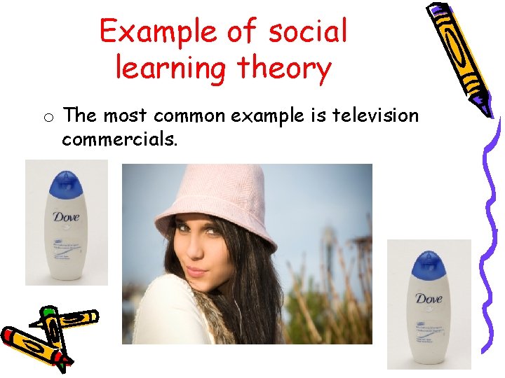 Example of social learning theory o The most common example is television commercials. 