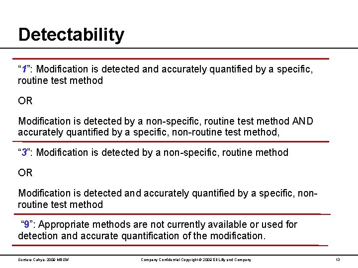 Detectability “ 1”: Modification is detected and accurately quantified by a specific, routine test