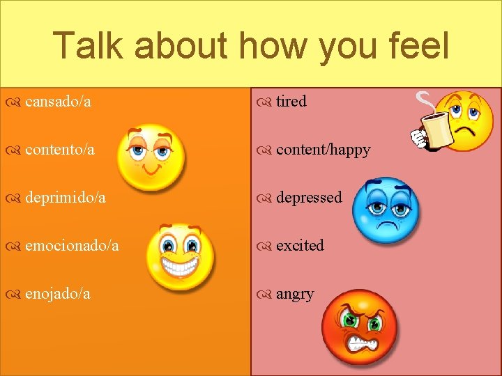 Talk about how you feel cansado/a tired contento/a content/happy deprimido/a depressed emocionado/a excited enojado/a