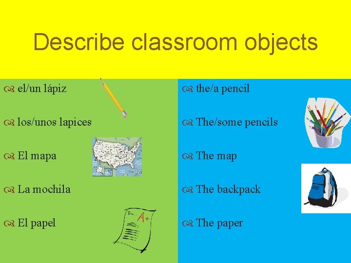 Describe classroom objects el/un lápiz the/a pencil los/unos lapices The/some pencils El mapa The