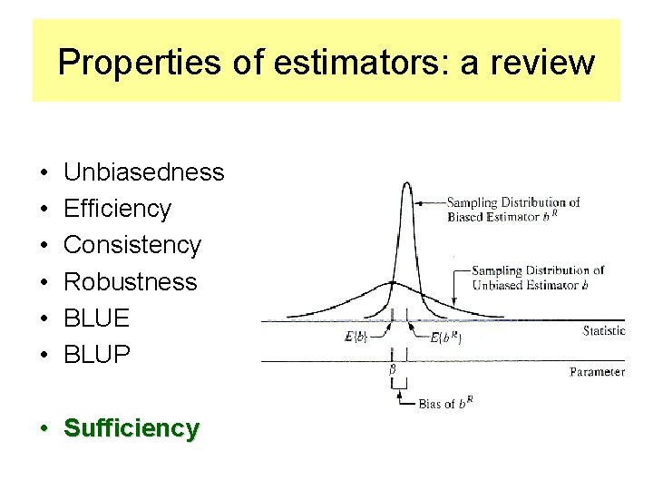 Properties of estimators: a review • • • Unbiasedness Efficiency Consistency Robustness BLUE BLUP