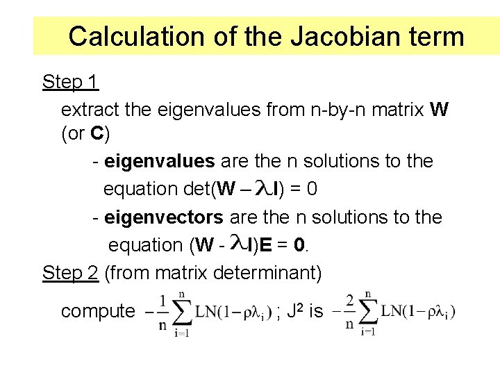Calculation of the Jacobian term Step 1 extract the eigenvalues from n-by-n matrix W